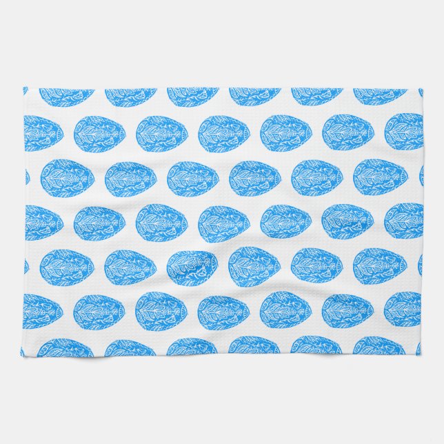 Blue Rustic Floral Easter Egg Linocut Tea Towel (Horizontal)