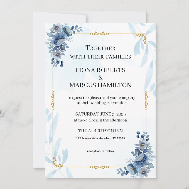 Blue Rustic Floral Elegant Wedding Invitation (Front)