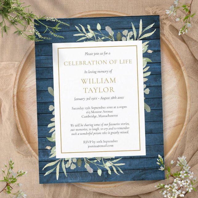 Blue Rustic Foliage Celebration of Life Funeral Announcement Postcard (Blue Rustic Foliage Celebration of Life Funeral Announcement Postcard)