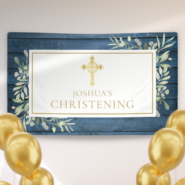 Blue Rustic Foliage Gold Cross Baptism Christening Banner (Blue Rustic Foliage Gold Cross Baptism Christening Banner)