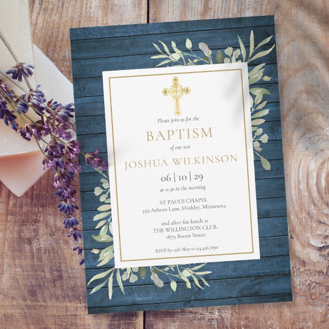 Blue Rustic Foliage Gold Cross Baptism Christening Invitation (Creator Uploaded)