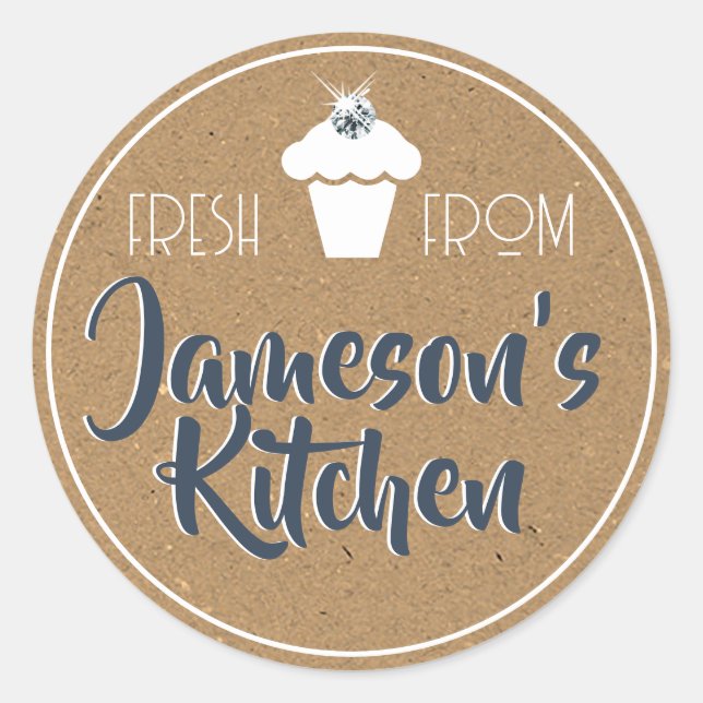 Blue Rustic Kraft Paper Rhinestone Cupcake Label (Front)