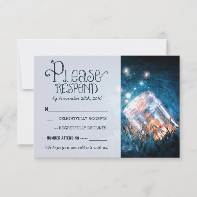 blue rustic lights mason jar wedding RSVP (Front)
