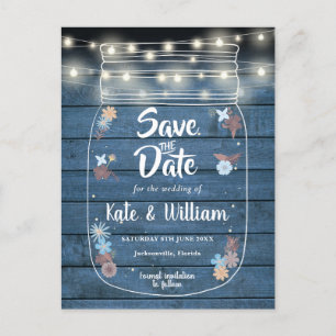 Blue Rustic Mason Jar String Lights Save The Date Announcement Postcard