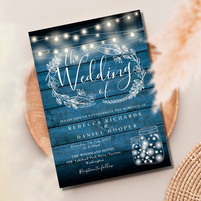 Blue Rustic Mason Jar String Lights Script Wedding Invitation (Creator Uploaded)