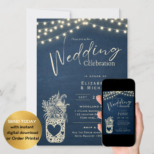 Blue Rustic Mason Jar Wedding DIGITAL Print Invitation
