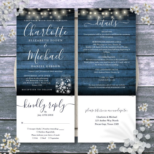 Blue Rustic Mason Jars Lights All In One Wedding Invitation (Blue Rustic Mason Jars Lights All In One Wedding Invitation)