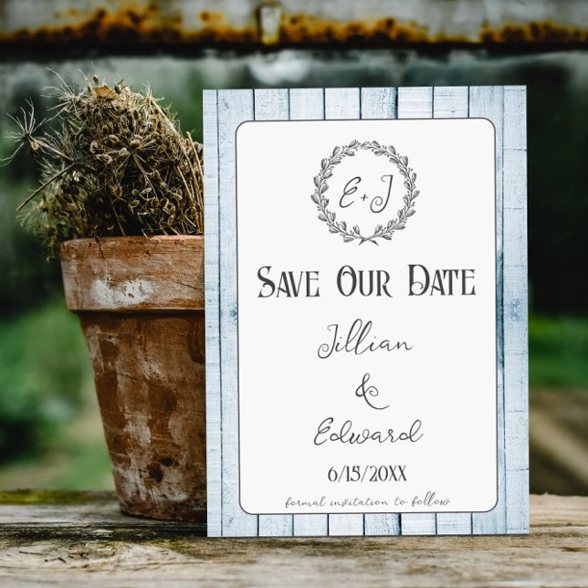 Blue Rustic Monogram Save The Date Announcement (Blue Rustic Monogram Save the Date)