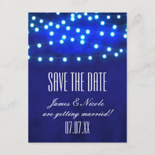 Blue Rustic Night String Lights Save Date Postcard