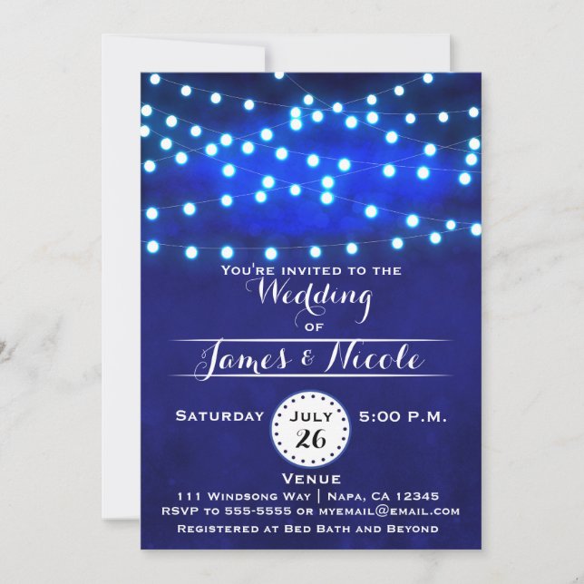 Blue Rustic Night String Lights Wedding Invitation (Front)