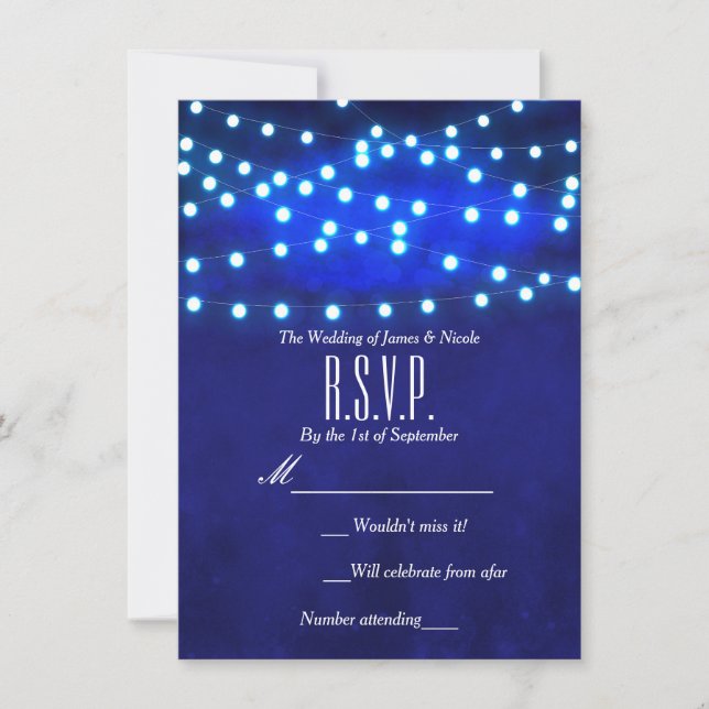 Blue Rustic Night String Lights Wedding RSVP card (Front)
