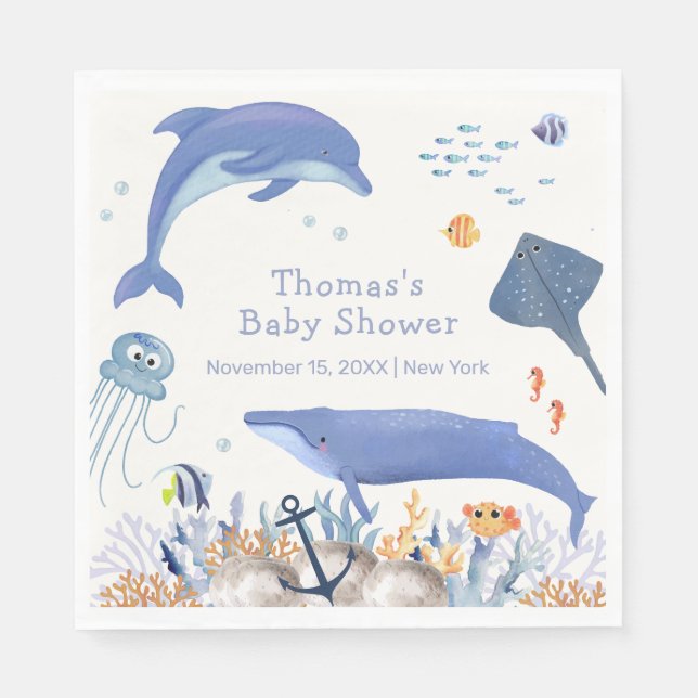 Blue Rustic Ocean Dolphin Whale Boy Baby Shower  Napkin (Front)