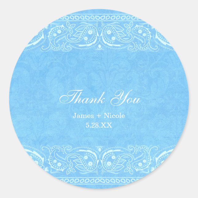 Blue Rustic Paisley Country Western Wedding Classic Round Sticker (Front)