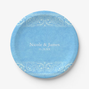 Blue Rustic Paisley Country Western Wedding Paper Plate