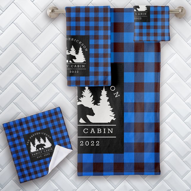 Blue Rustic Plaid Bear Woods Family Cabin Bath Towel Set (Creator Uploaded)