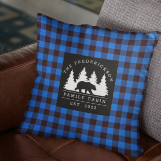 Blue Rustic Plaid Bear Woods Family Cabin Cushion