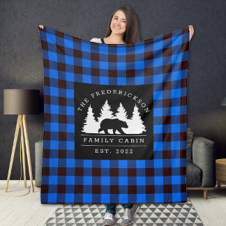 Blue Rustic Plaid Bear Woods Family Cabin Fleece Blanket