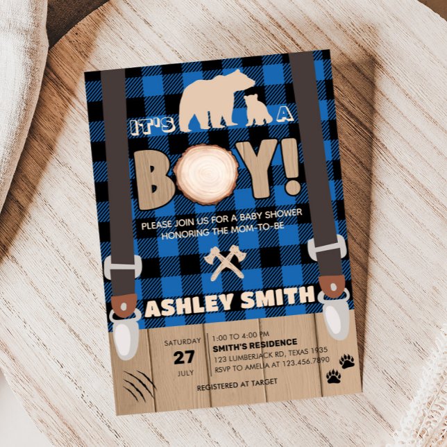 Blue Rustic Plaid Lumberjack Baby Shower  Invitation (Plaid Lumberjack Baby Shower Invitation)