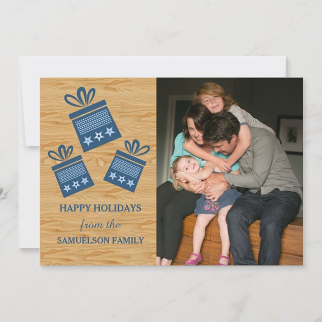 Blue Rustic Presents Holiday Photo Flat Card (Front)