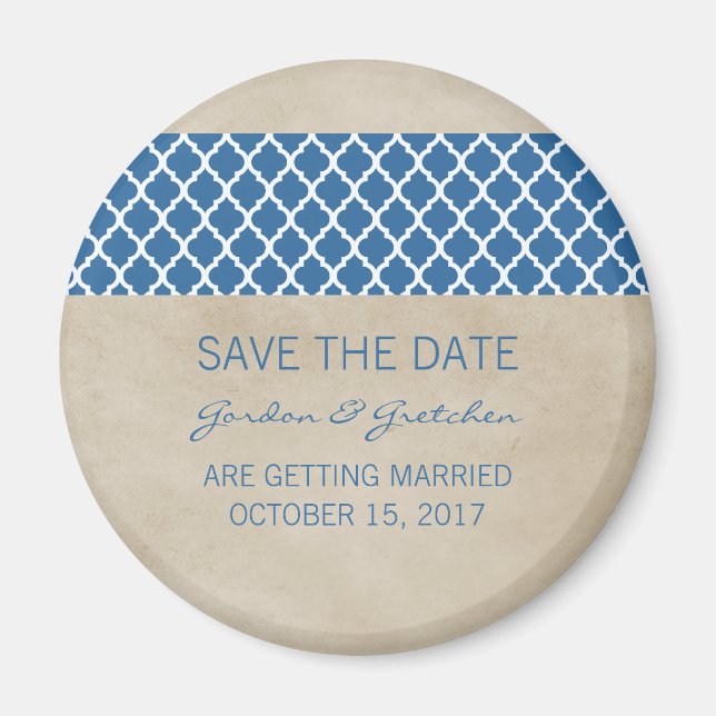 Blue Rustic Quatrefoil Save the Date Magnet (Front)