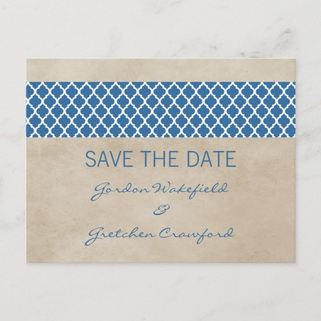 Blue Rustic Quatrefoil Save the Date Postcard (Front)
