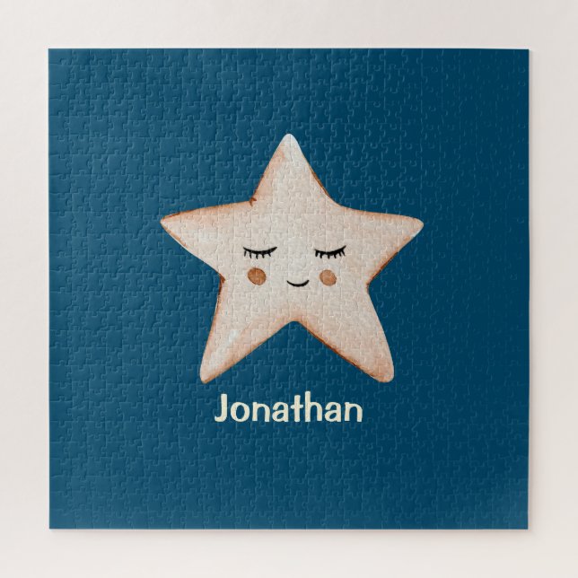 Blue Rustic Sleepy Star Name Modern Jigsaw Puzzle (Vertical)