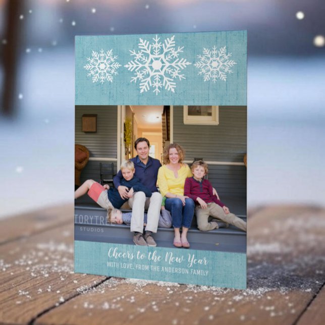 Blue Rustic Snowflake New Year's Photo Flat Card (Blue Rustic Snowflake New Years Photo Card)