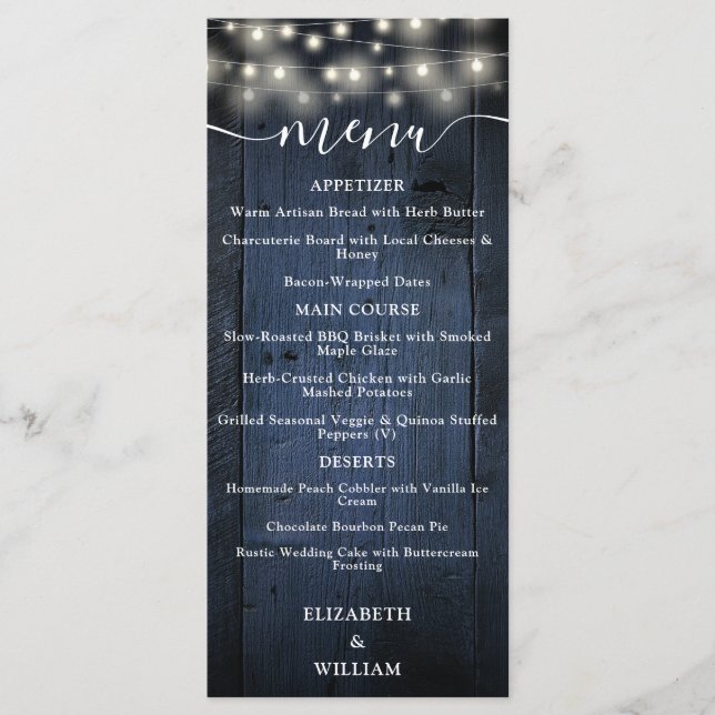 Blue Rustic String Lights Barn Wood Wedding Menu (Front)