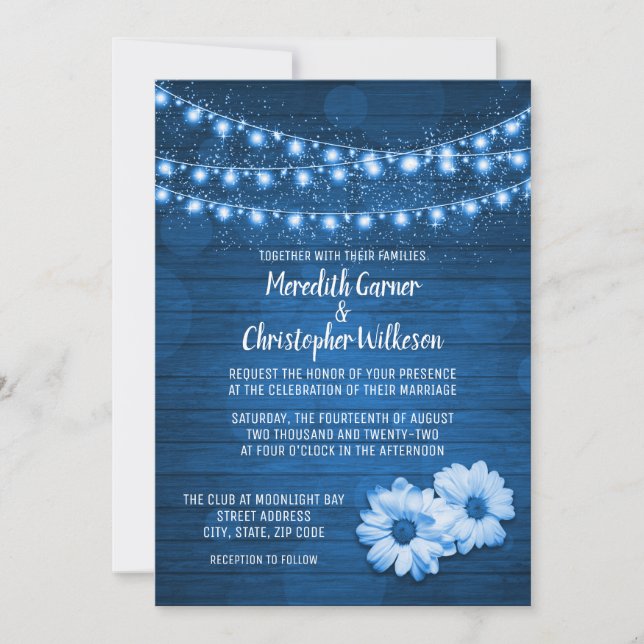 Blue Rustic String Lights Daisy Wedding Invitation (Front)