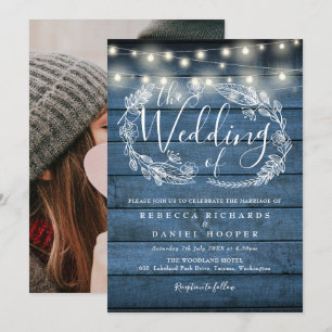 Blue Rustic String Lights Floral Photo Wedding Invitation