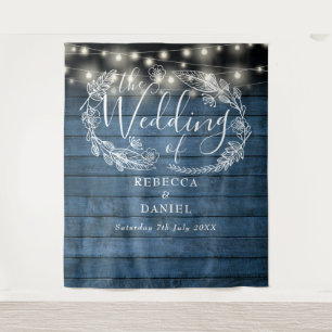 Blue Rustic String Lights Floral Wedding Backdrop Tapestry
