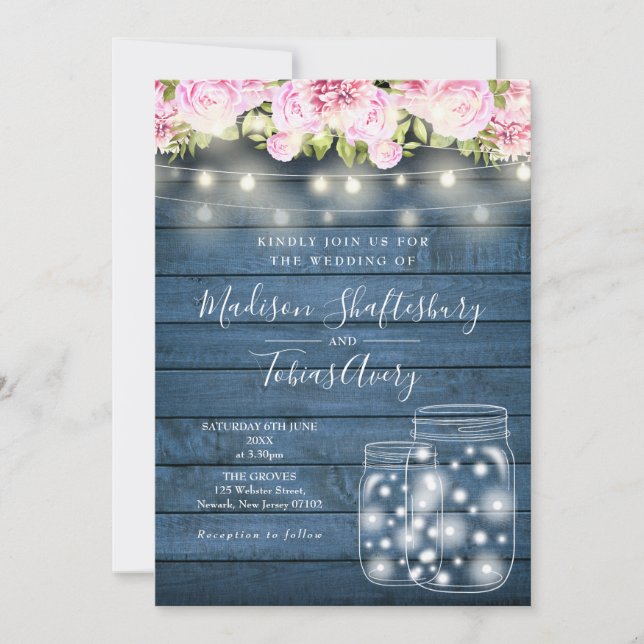 Blue Rustic String Lights Mason Jar Floral Wedding Invitation (Front)
