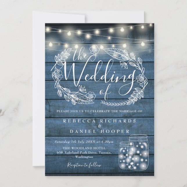 Blue Rustic String Lights Mason Jars Wedding Invitation (Front)