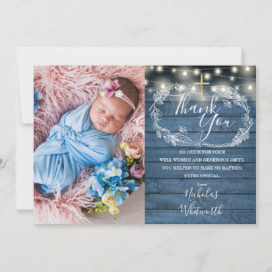 Blue Rustic String Lights Photo Baptism Thank You Card