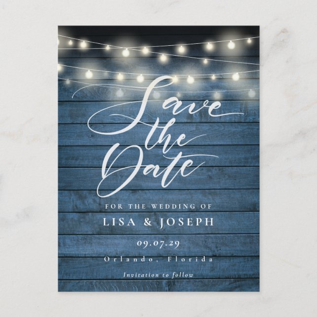 Blue Rustic String Lights QR Code Save the Date  Postcard (Front)