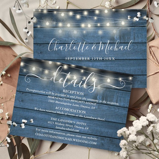 Blue Rustic String Lights Script Wedding Details Enclosure Card (Blue Rustic String Lights Script Wedding Details Enclosure Card)