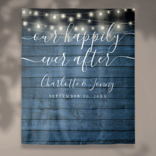 Blue Rustic String Lights Wedding Photo Backdrop Tapestry