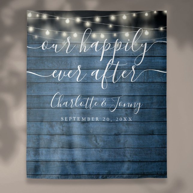 Blue Rustic String Lights Wedding Photo Backdrop Tapestry (Blue Rustic String Lights Wedding Photo Backdrop)