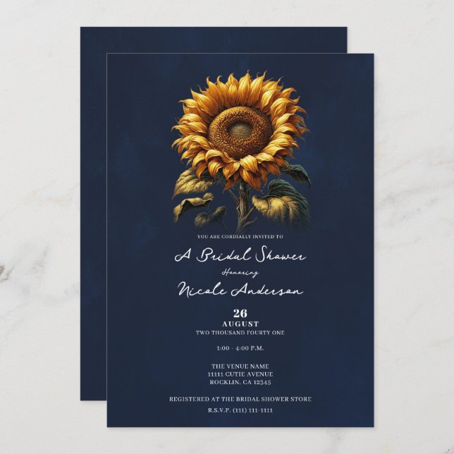 Blue Rustic Sunflower Bridal Shower Invitation (Front/Back)