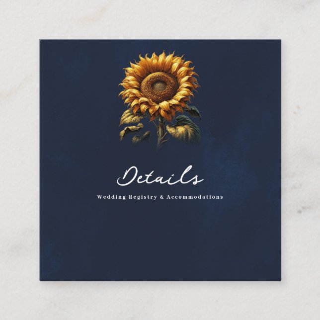 Blue Rustic Sunflower Wedding Details & Registry  Square Business Card (Front)