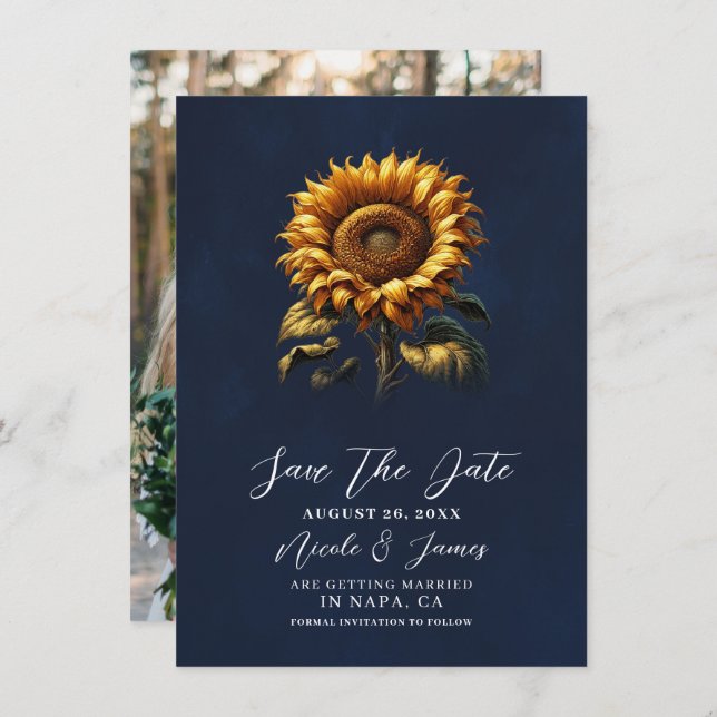 Blue Rustic Sunflower Wedding Save the Date Invitation (Front/Back)