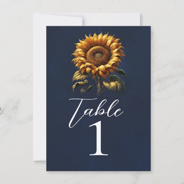 Blue Rustic Sunflower Wedding Table Number (Front)
