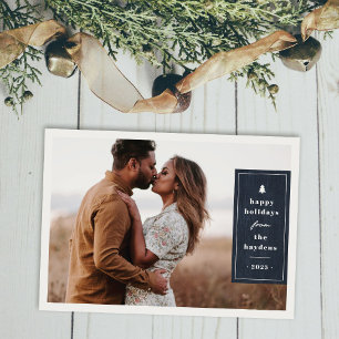 Blue Rustic Tree Woodgrain Christmas Photo Card