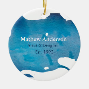 Blue rustic watercolor jeans texture add name titl ceramic ornament