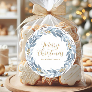 Blue Rustic Watercolor Personalised Christmas Classic Round Sticker