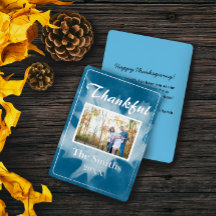 Blue Rustic Watercolor Thanksgiving Photo Card