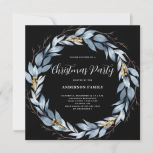 Blue Rustic Watercolor Wreath Christmas Party Invitation
