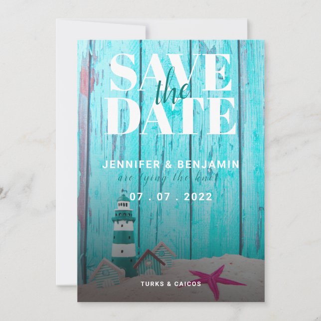 Blue Rustic Wood Beach Wedding Save The Date (Front)