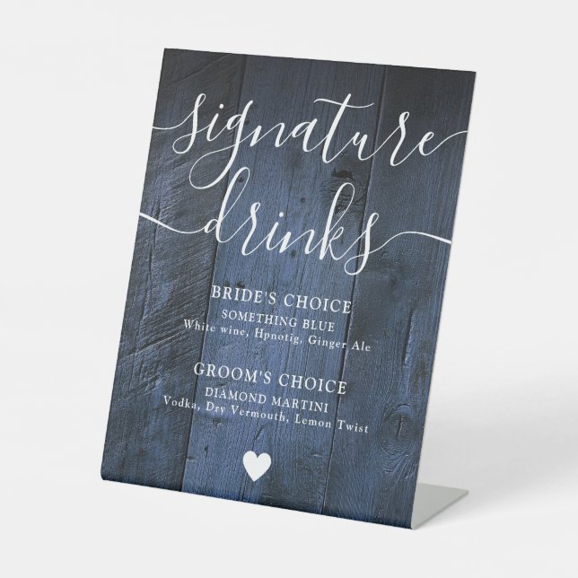 Blue Rustic Wood Boho Barn Signature Drinks Pedestal Sign (Front)