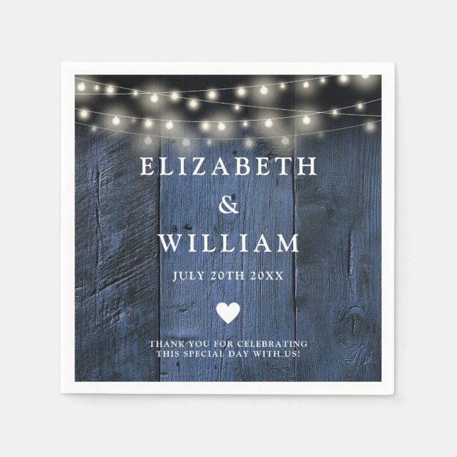 Blue Rustic Wood Boho Barn String Lights Wedding Napkin (Front)